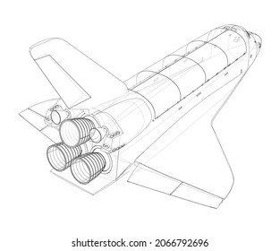 Space shuttle. Vector rendering of 3d. Wire-frame style. The layers of visible and invisible lines are separated