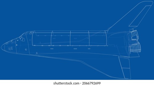 Space shuttle. Vector rendering of 3d. Wire-frame style. The layers of visible and invisible lines are separated