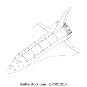 Space shuttle. Vector rendering of 3d. Wire-frame style. The layers of visible and invisible lines are separated. Orthography or isometric