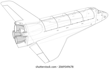 Space shuttle. Vector rendering of 3d. Wire-frame style. The layers of visible and invisible lines are separated