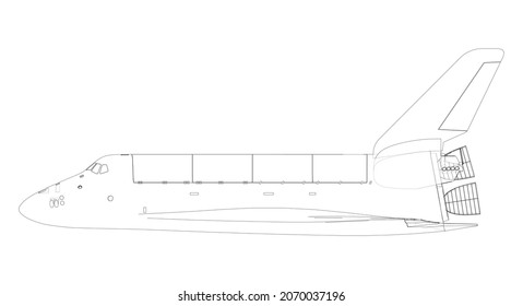Space shuttle. Vector rendering of 3d. Wire-frame style. The layers of visible and invisible lines are separated. Orthography or isometric