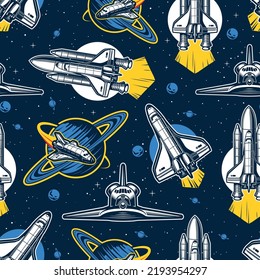 Space shuttle vintage colorful seamless pattern futuristic starry sky with intergalactic transport to travel around universe vector illustration