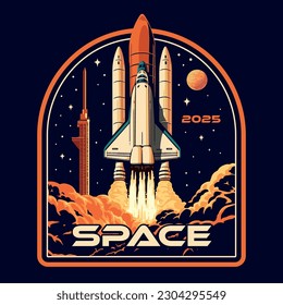 Emblema vintage del transbordador espacial colorido con despegue de cohetes para la misión de exploración del sistema solar ilustración inicial del vector