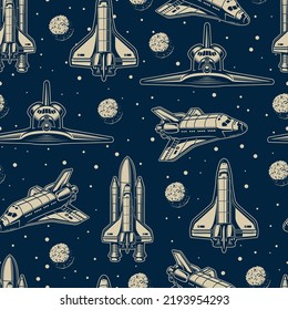 Space shuttle vintage monochrome pattern seamless with expedition ships with astronauts traveling among planets and stars exploring universe vector illustration