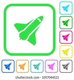 Space shuttle vivid colored flat icons in curved borders on white background