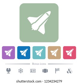 Space shuttle white flat icons on color rounded square backgrounds. 6 bonus icons included