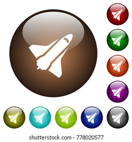 Space shuttle white icons on round color glass buttons