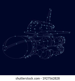 Marco de cables del transbordador espacial hecho de líneas azules con luces brillantes en un fondo oscuro. Ilustración del vector