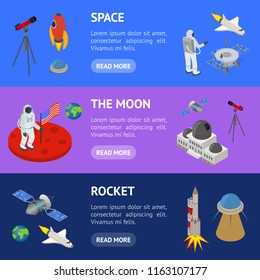Space Signs 3d Banner Horizontal Set Isometric View Include of Shuttle and Spaceman . Vector illustration of Icon