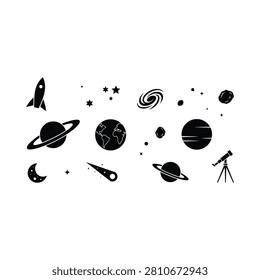 Space Silhouettes With Planets Rocket And Telescope On White Background