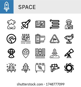 ajuste de iconos simples de espacio. Contiene íconos como Rocket, Venus, Transbordador Espacial, Scrapbook, Toalladora, Científico, Plutón, Paneles, Rollo de Cine, se pueden usar para web, móvil y logotipo