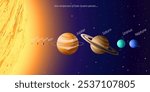 Space. Size comparison of Solar System planets on gradient background with stars. Educational vector illustration for learning astronomy.