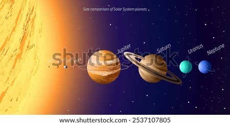 Space. Size comparison of Solar System planets on gradient background with stars. Educational vector illustration for learning astronomy.