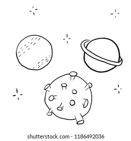 Space sketch, hand drawn planets and stars.