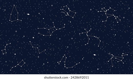 별자리, 스파크 및 행성의 벡터 지도와 우주 하늘 천체의 원활한 패턴. 카시오페이아, 안드로메다, 델피누스, 페가수스 별자리의 실루엣과 어두운 밤 하늘 배경 스톡 벡터