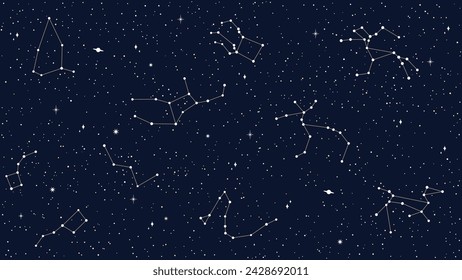 Space sky celestial seamless pattern with vector map of star constellations, sparks and planets. Dark night sky background with silhouettes of cassiopeia, andromeda, delphinus, pegasus constellations