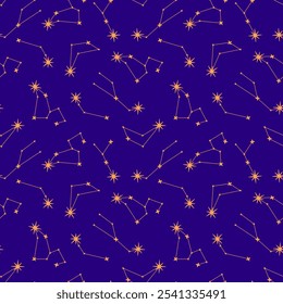 Modelo inconsútil celestial del cielo espacial con el mapa de las constelaciones de la estrella, chispas. Fondo de cielo nocturno oscuro con siluetas de tauros, leo, cáncer, aries, constelaciones de capricornio