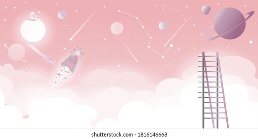 Space sky with full moon and asrtonaut. Pink shades. Planets and Ursa Major, rocket and asteroids. Ladder growth meter. Vector illustration. 