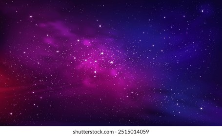 Space Sky Galaxie, Wolke mit Nebel und Sternen auf dunklem Nachthintergrund, Vektoruniversum gefüllt mit Sternenhimmel in dunkelblauem Himmel, Schönes Natur-Sternenfeld mit Milchstraße, Horizont-Banner bunter Sternenstaub