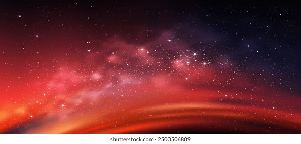 Space Sky Night Background,Starry Night Galaxy with Cloudy and Nebula Sparkle in Purple,Red,Pink color,Vector Beautiful fantasy Universe light of star field and milky way and colourful cosmos stardust