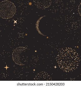 space sky night stars dark pattern , galaxy universe milky way with moon and stars constellation. Bronze copper colors with star dust , astrology outrer space design  in vector 