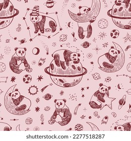 Space sleeping panda line vector seamless pattern.