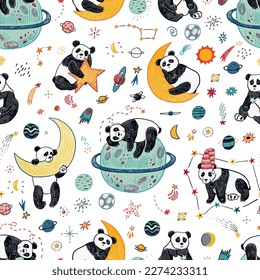 Space sleeping panda vector seamless pattern.