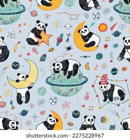 Space sleeping panda vector seamless pattern.