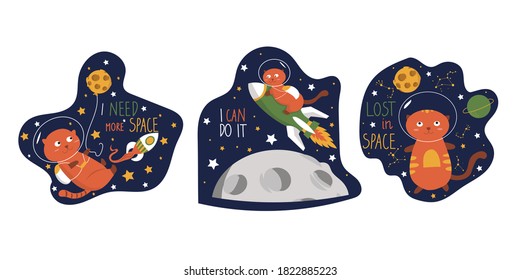 Space slogan with cute cat. Cat astronaut soaring in space on background stars sky. Vector illustration. Set of cute stickers.
