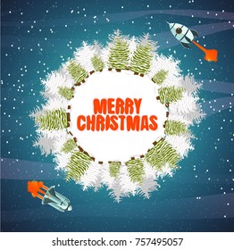 Space, a small snow-covered planet with spruce and  a cartoon rocket flying by. New Year's and Christmas. The inscription Merry Christmas. Vector illustration