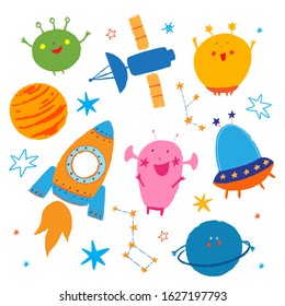 Space Smiling Aliens And Monsters In Space. Galaxy, Universe. Cute UFO, Stars, Rocket, Space Satellite, Planets, Spaceship, Constellation. Cosmos Background. Funny Cartoon Vector Kids Illustration.