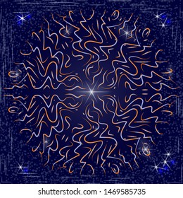 Space snowflake in the style of hand-drawing on a background of dark blue sky with bright stars. Stylized snowflake to create a design on a winter theme or space.