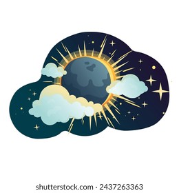 Space and solar eclipse background composition. Cute illustration in flat style for children. Suitable for astronomy, decoration and stickers.