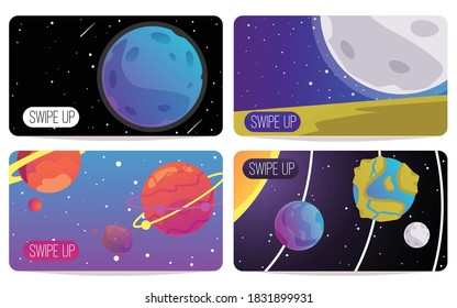 Banner del Sistema Espacial y Solar con planetas de dibujos animados en órbita y fondo del cielo estrellado. Deslizar la colección de tarjetas de notificación, ilustración vectorial.