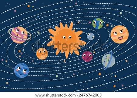 Space. Solar system. Sun, Saturn, Earth, Venus, Uranus, Mars, Mercury, Neptune, Jupiter.	