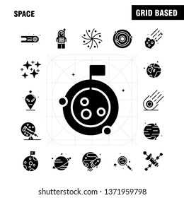 Space Solid Glyph Icons Set For Infographics, Mobile UX/UI Kit And Print Design. Include: Rocket, Space, Transportation, Moon, Planet, Space, Spaceship, Telescope, Icon Set - Vector