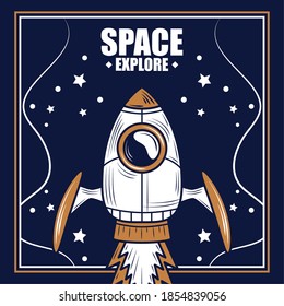 space spacecraft launch exploration starry background badge vector illustration