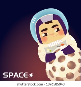 space spaceman in suit helmet with planet cartoon vector illustration
