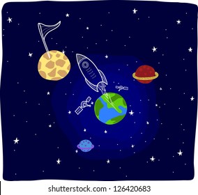 Space with spaceship cartoon