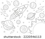 Space and spaceship. Children picture coloring, black stroke, white background.