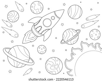 Space and spaceship. Children picture coloring, black stroke, white background.