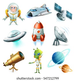 Espacio, nave espacial, planeta, espacial, ufo y satélite. Conjunto de iconos de vector 3d