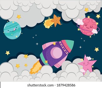 space spaceship shooting star planets clouds sky adventure cute cartoon vector illustration
