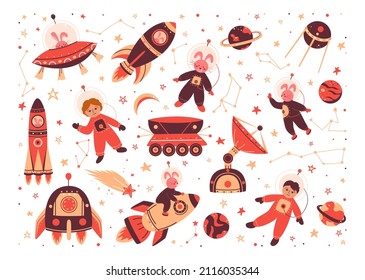 Space and spaceships, constellations, rockets, astronauts, cosmic background, comets and planets