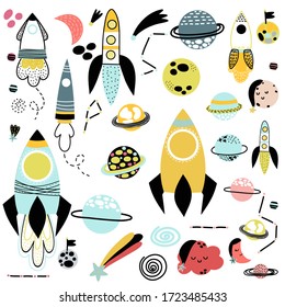 Space, spaceships, planets and stars hand drawn elements vector illustration.