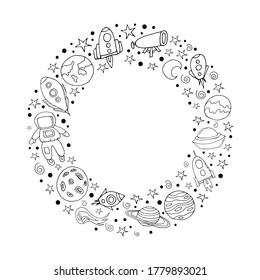 Space.Set with spaceships, planets, and stars.Vector isolated illustration with spaceships, rockets, Mars, Earth, stars. White background. Doodle style. Isolated elements for scientific posters.