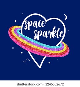 Space Sparkle slogan and heart saturn space illustration vector.