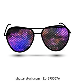 space spectacles on a white background. landscape space. celestial bodies and stars reflected. three-dimensional image. silver squares