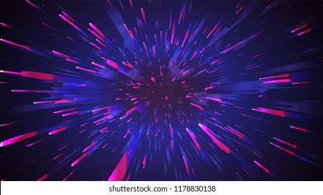 Space Speed Abstract Dark Background. Motion Light Starburst Zoom Vector. 