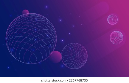 Space with spheres and stars in the background. Vector wireframe landscape with neon colours. Vector illustration of the metaverse dimension. Digital world, virtual reality, cyberspace concept.